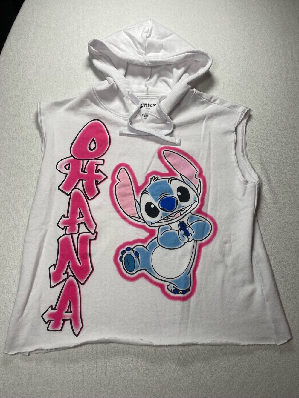 Disney White Sleeveless Hoodie with Blue Stitch and Pink 'Ohana' Graphic